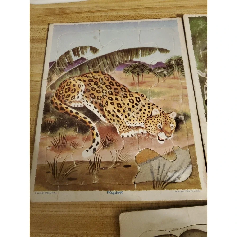 Vintage Playskool Wood Puzzles Set 3 Jungle Animals Leopard Zebra Elephant Tiger